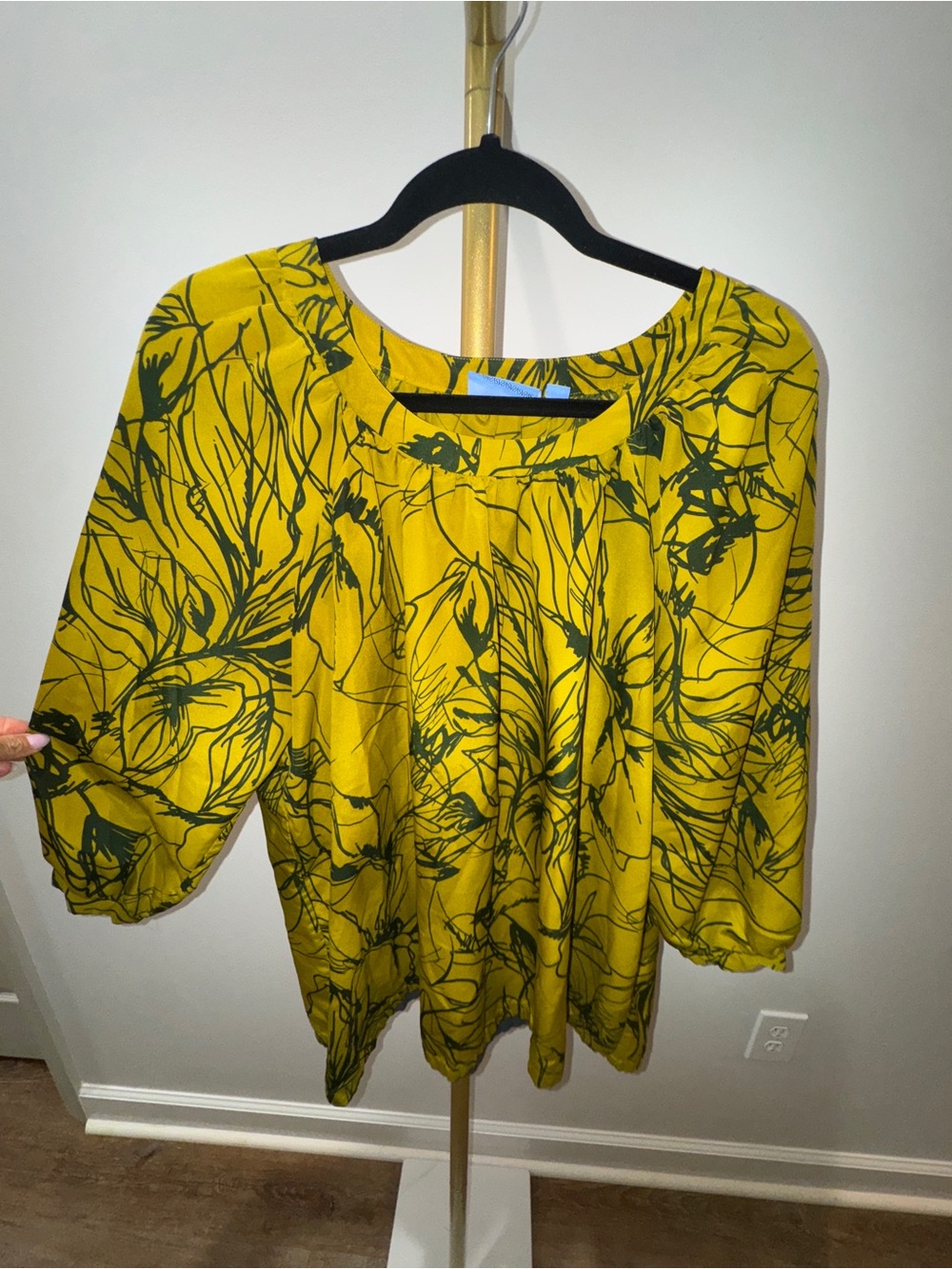 Vera Wang Mustard Yellow and Dark Green Floral Print Blouse